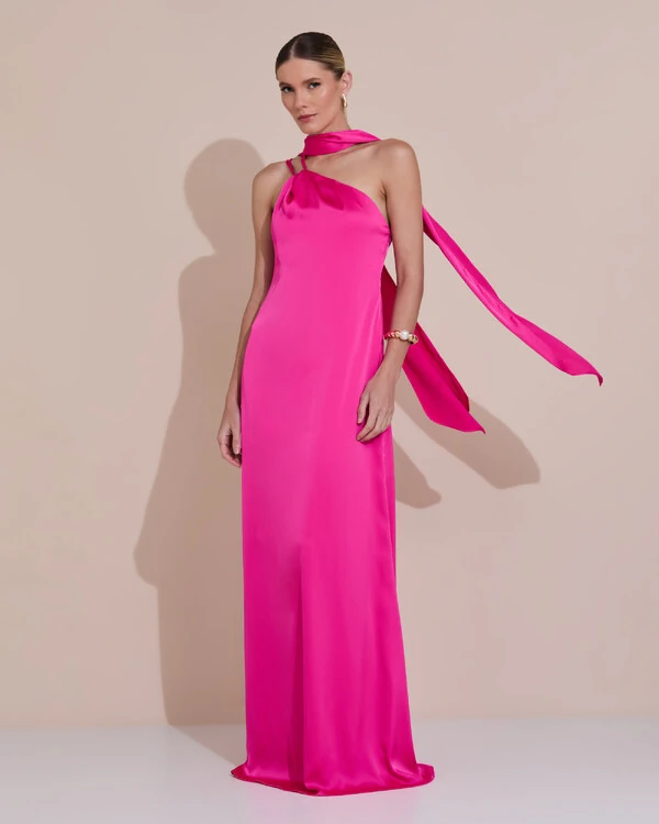 Vestido de Festa Longo em Cetim Fluido um Ombro Só com Lenço Pink