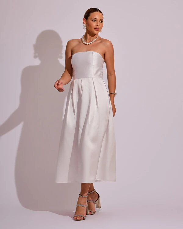 Vestido Midi Tomara que Caia Zibeline Com Pregas Branco