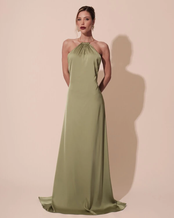 Vestido de Festa Longo Cetim Fluido com Argola Frente Única Verde Pistache
