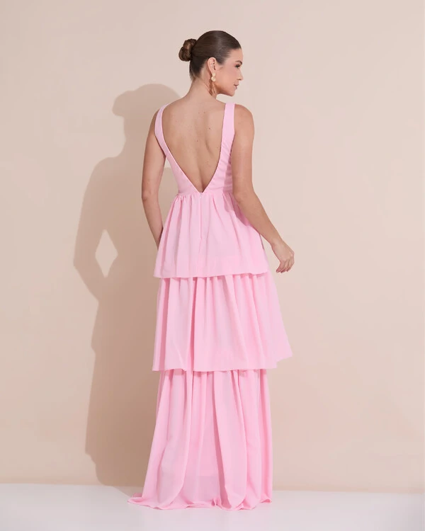 Vestido de Festa Longo Decote V Crepe Chiffon Plissado Camadas Babado Rosa Claro