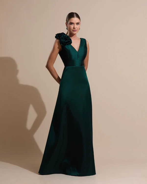 Vestido de Festa longo Zibeline Decote em V com Flores Removivel Verde Escuro