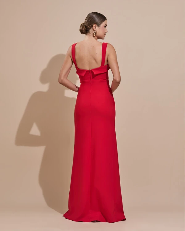 Vestido de Festa Longo Alfaiataria Decote Coração com Alças e Fenda Vermelho
