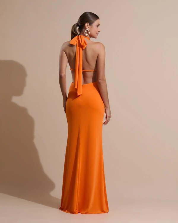 Vestido de Festa Longo Malha Jersey Gola Alta Saia Sereia Laranja