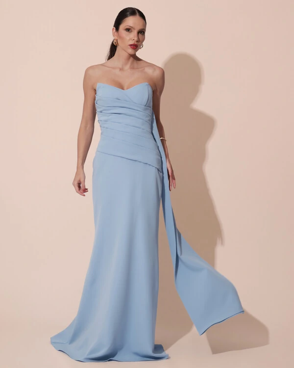 Vestido de Festa Longo Alfaiataria Tomara que Caia Drapeado Faixa Serenity