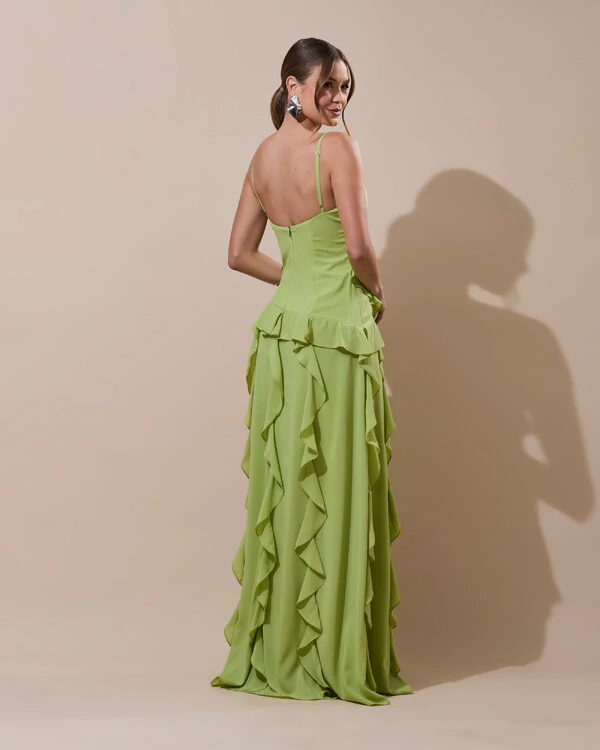 Vestido de Festa Longo Decote V Crepe Chiffon Babados Cascata e Fenda Verde Garden