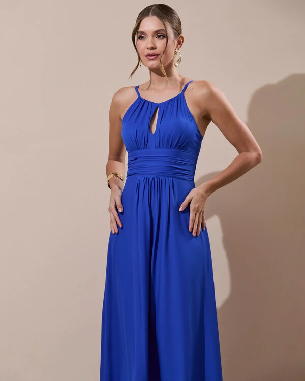 Vestido de Festa Longo Crepe Chiffon Drapeado com Alças e Saia Fluida Azul Royal
