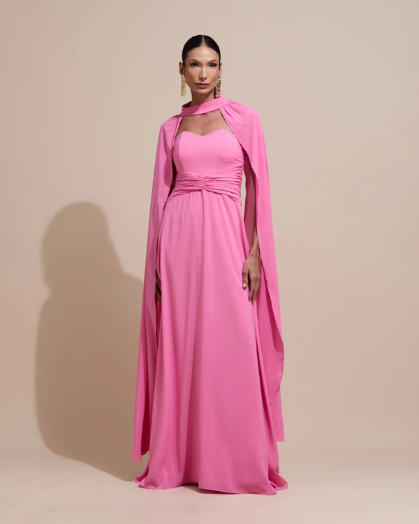 Vestido de Festa Longo Tomara Que Caia Crepe Chiffon Drapeado Capa Rosa