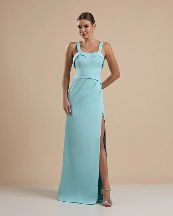 Vestido de Festa Longo Alfaiataria Decote Coração com Alças e Fenda Tiffany