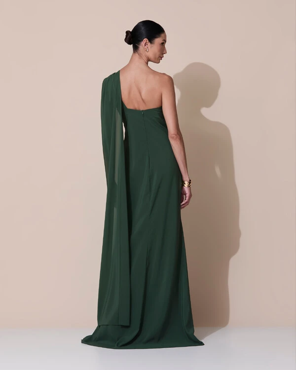 Vestido de Festa Longo Crepe Chiffon Um Ombro Só Drapeado Verde Escuro New