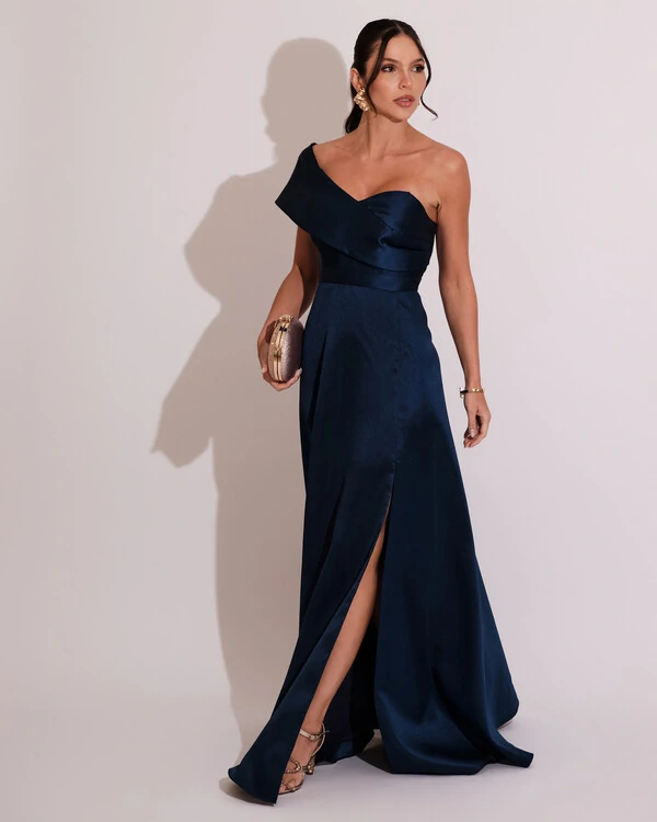Vestido de Festa longo Faixa Ombro e Fenda Zibeline Azul Marinho