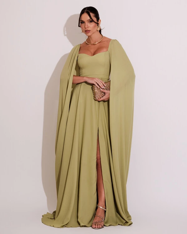 Vestido de Festa Longo com Capa Verde lima