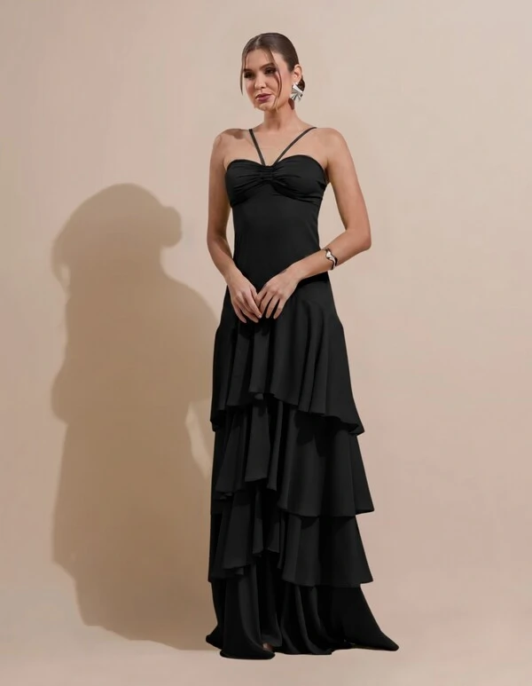 Vestido Longo Crepe com Babado em Camadas Preto
