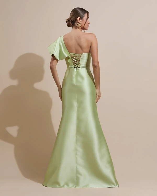 Vestido de Festa Longo um Ombro Tomara que Caia Zibeline Verde Lima New
