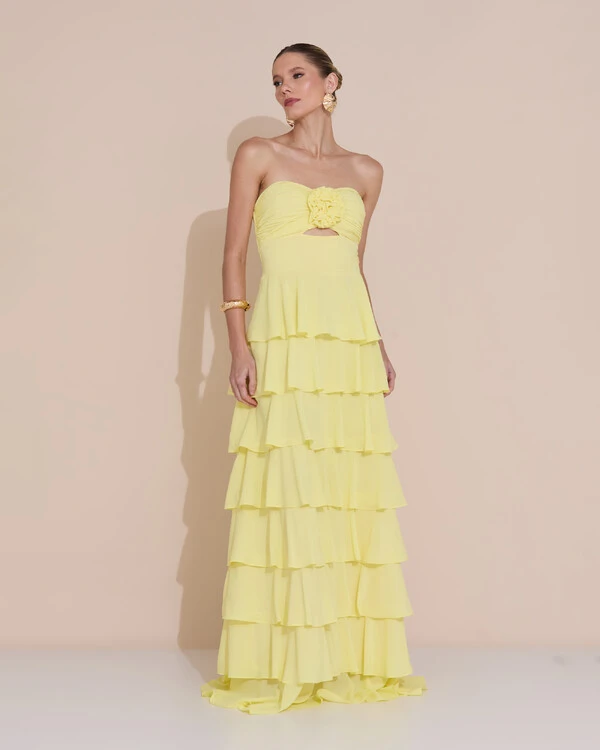 Vestido de Festa Longo Crepe Chiffon Tomara que Caia Plissado Flor Camadas Amarelo Manteiga