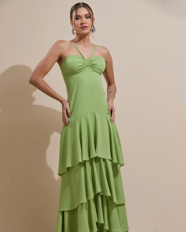 Vestido Longo Crepe com Babado em Camadas Verde Garden