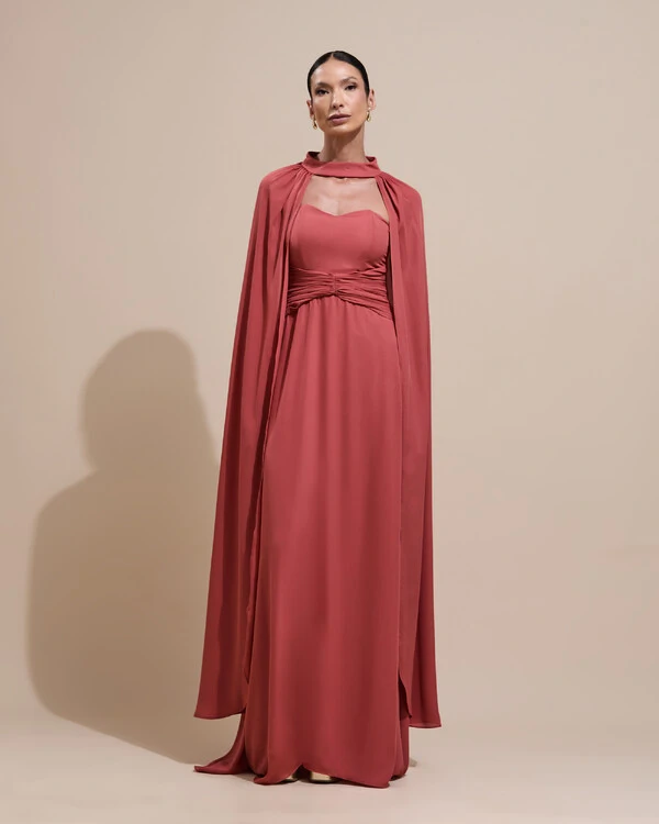 Vestido de Festa Longo Tomara Que Caia Crepe Chiffon Drapeado Capa Terracota