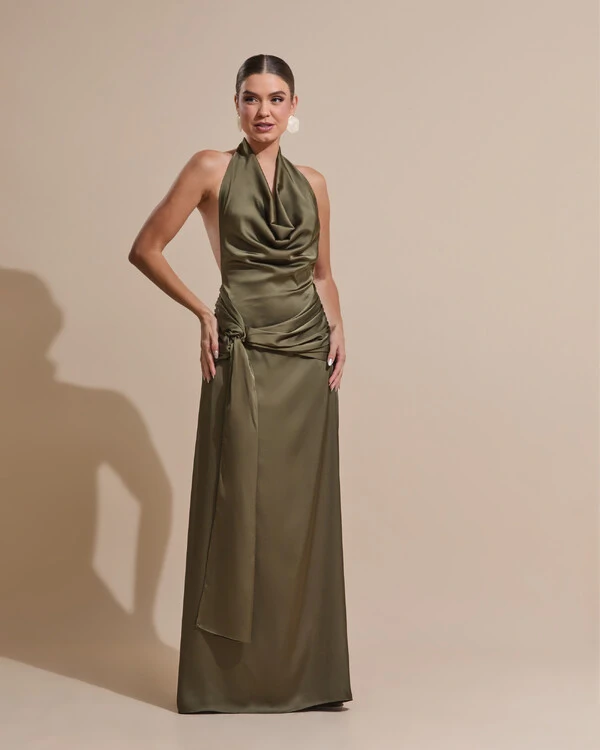 Vestido de Festa Longo Cetim Frente Única Degagê com Faixa Drapeada Verde Oliva