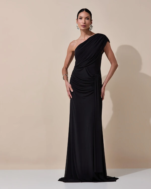 Vestido de Festa Longo Um Ombro Só Tule Drapeado Faixa Preto