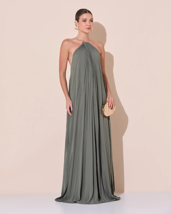 Vestido de Festa Longo Frente Única Plissado Crepe Chiffon Argola Verde Oliva