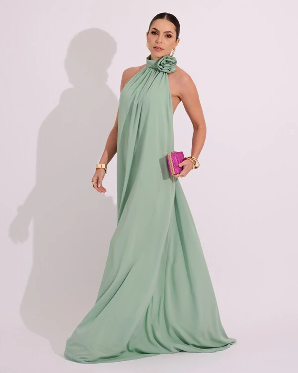 Vestido Longo Crepe Chiffon Frente Única Fluido Flor Removível Verde Menta