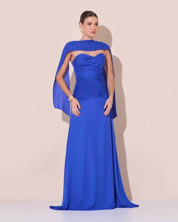 Vestido de Festa Longo Decote Coração Crepe Chiffon Drapeado Plissado Lenço Azul Royal
