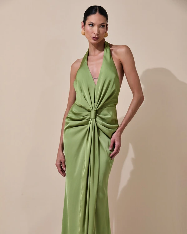Vestido de Festa Longo Frente Única Decote V Cetim Drapeado Faixa Verde Pistache