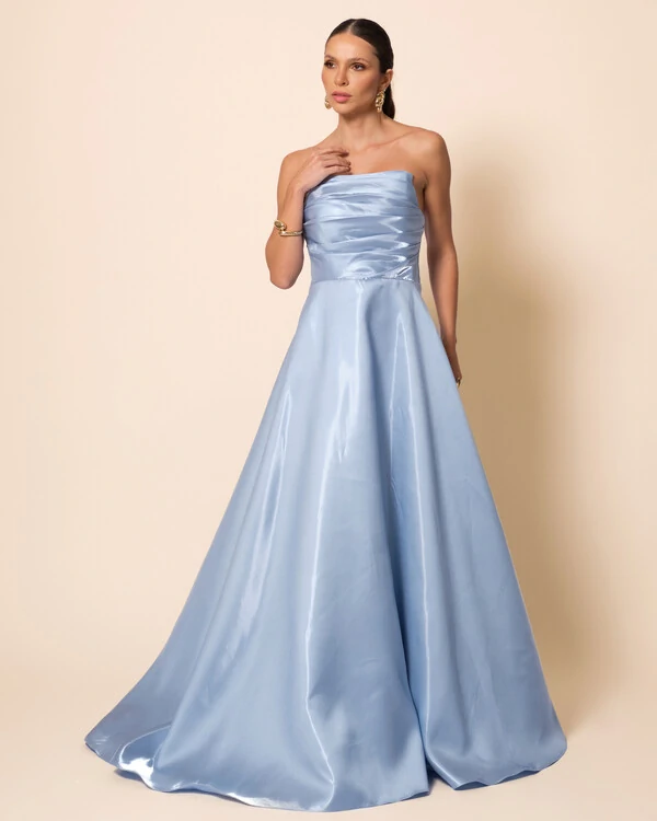 Vestido de Festa Longo Cetim Cristal Tomara que Caia Drapeado Serenity