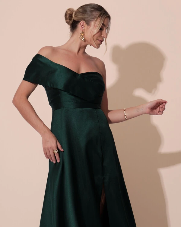 Vestido de Festa longo Faixa Ombro e Fenda Zibeline Verde Escuro