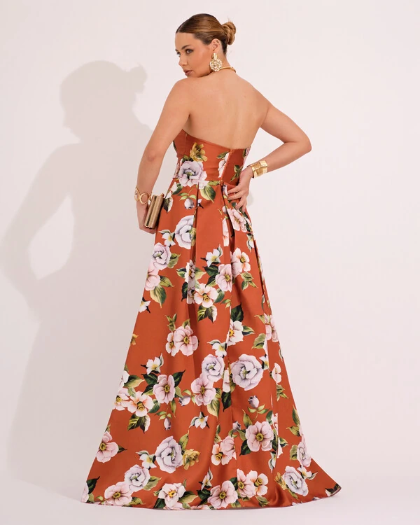 Vestido de Festa Longo em Zibeline Estampado Tomara que Caia Terracota Floral