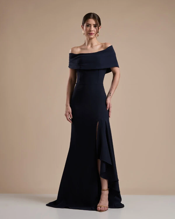 Vestido de Festa Longo Alfaiataria Ombro a Ombro com Babado Cascata Azul Marinho Escuro