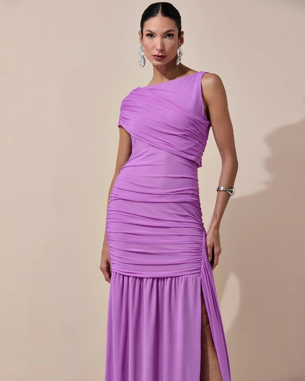 Vestido de Festa Longo Tule Faixa Detalhe Drapeado Fúcsia
