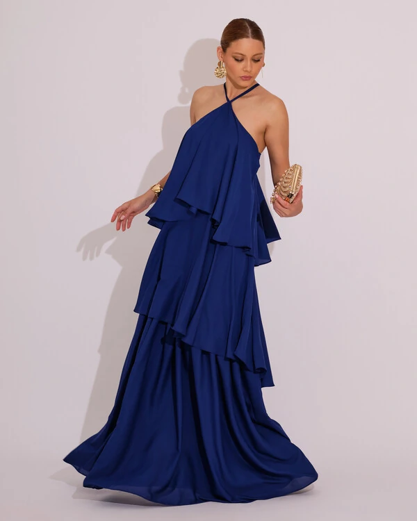 Vestido Longo Babado em Camada Azul Marinho