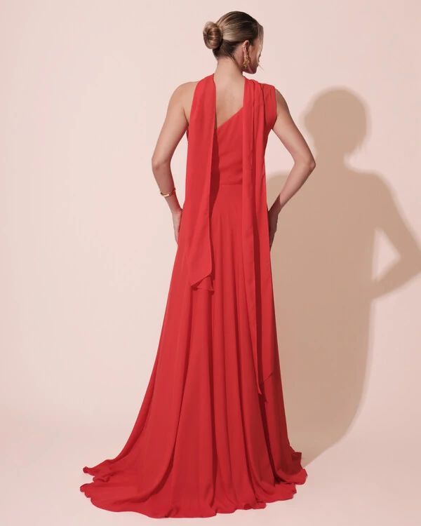 Vestido de Festa Longo Crepe Chiffon Um Ombro Só Drapeado com Lenço Vermelho New