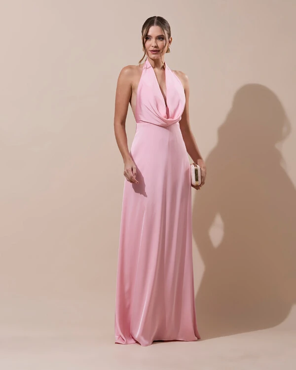 Vestido de Festa Longo Frente Única Degagê Cetim Fluido Rose Gold