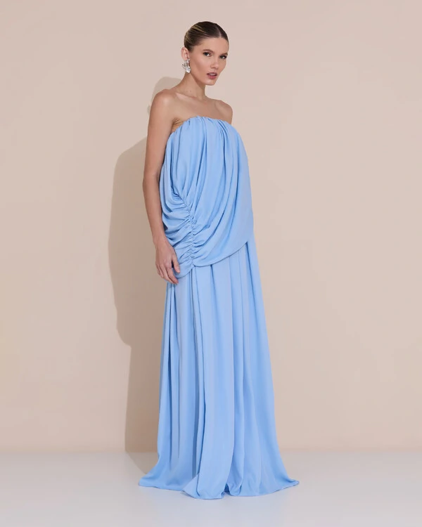 Vestido de Festa Longo Tomara Que Caia Crepe Chiffon Drapeado Serenity