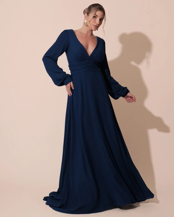 Vestido de Festa Manga Longa com Cintura Drapeada Decote V Azul Marinho