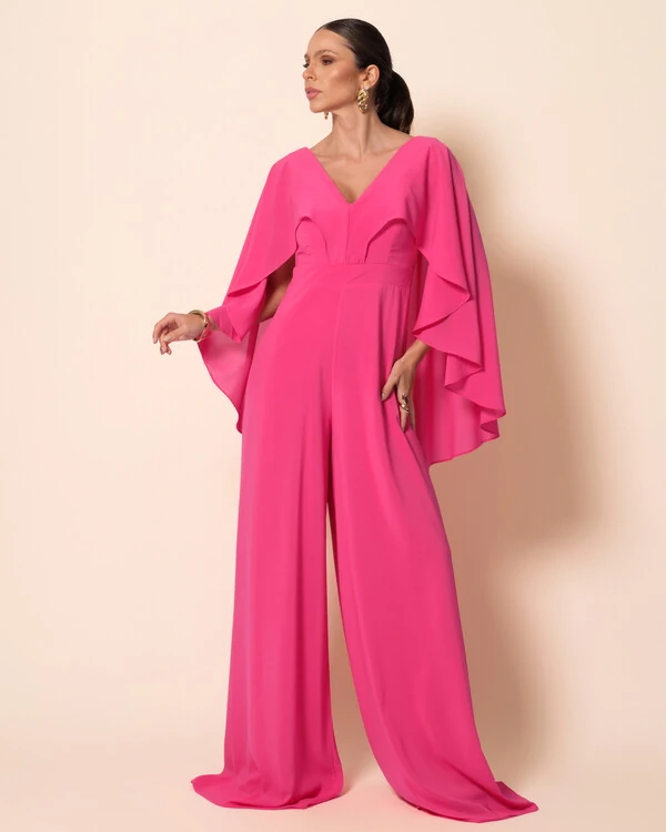 Macacão de Festa Longo Crepe Chiffon com Capa Pink New