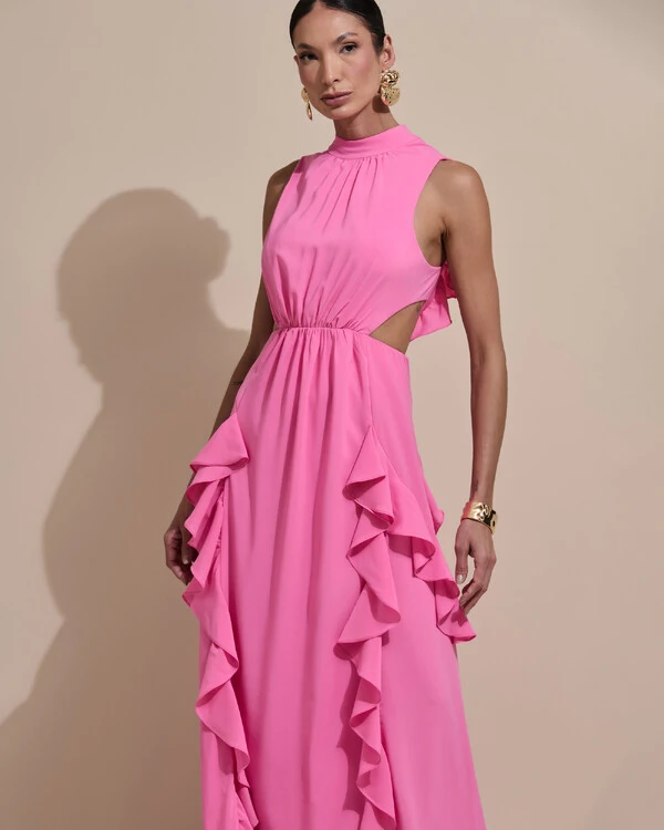 Vestido de Festa Longo Gola Alta Crepe Chiffon Recortes Babados Cascata Rosa