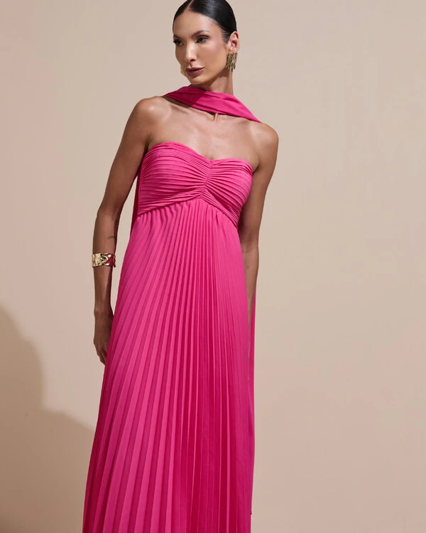 Vestido de Festa Longo Tomara que Caia Plissado com Lenço Pink New