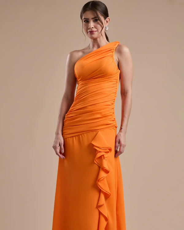 Vestido de Festa Longo Crepe Chiffon Um Ombro Só Drapeado com Babado Cascata Laranja