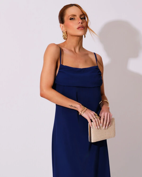 Vestido de Festa Longo Crepe Chiffon Costas Lenço Cauda Azul Marinho