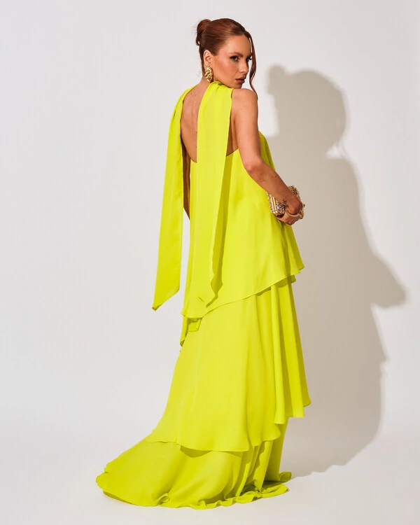 Vestido de Festa Longo Chiffon Crepe em Camadas com Lenço Verde Lima