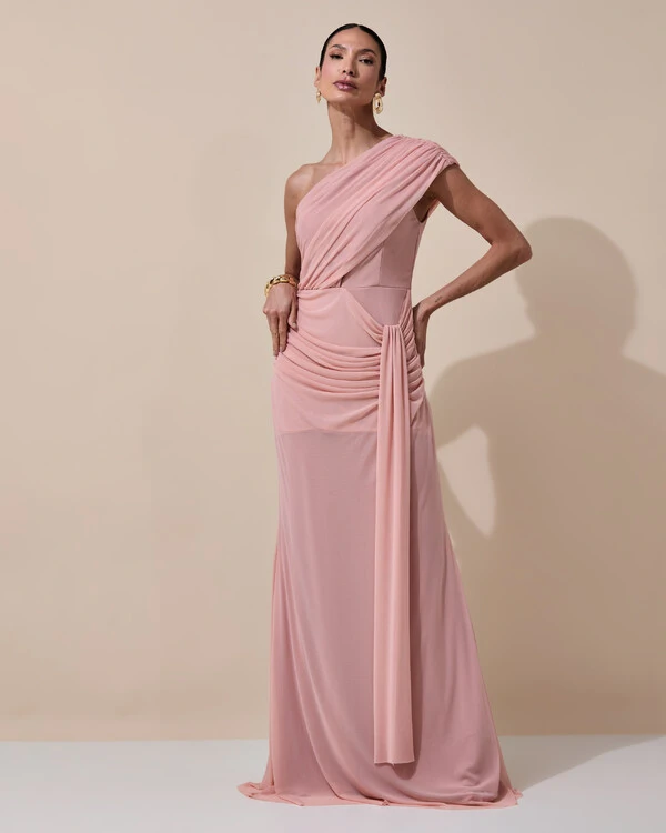 Vestido de Festa Longo Um Ombro Só Tule Drapeado Faixa Rose