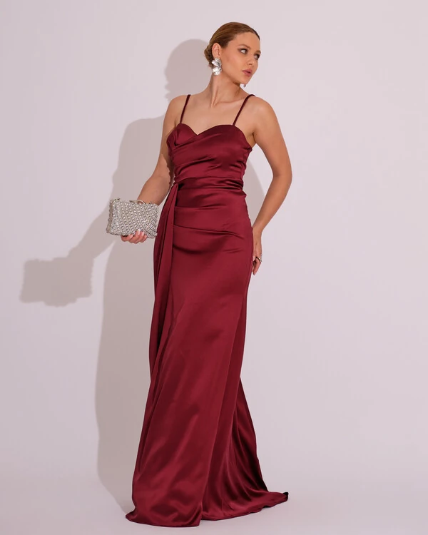 Vestido de Festa Longo Cetim Alfaiataria Fenda Drapeada Marsala