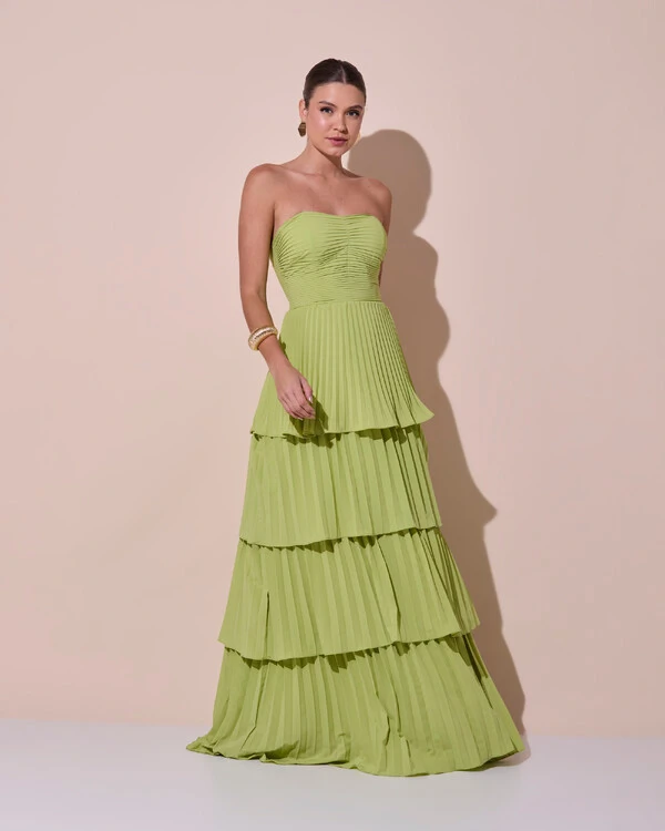 Vestido de Festa Longo Tomara que Caia Crepe Chiffon Plissado Camadas Verde Claro
