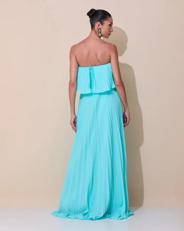 Vestido de Festa Longo Crepe Chiffon Tomara que Caia Plissado com Babado Cascata Tiffany