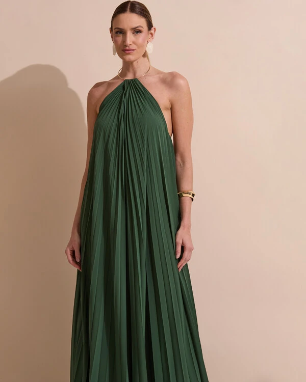 Vestido de Festa Longo Frente Única Plissado Crepe Chiffon Argola Verde Militar