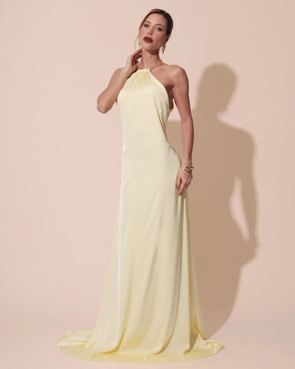 Vestido de Festa Longo Cetim Fluido com Argola Frente Única Amarelo Manteiga