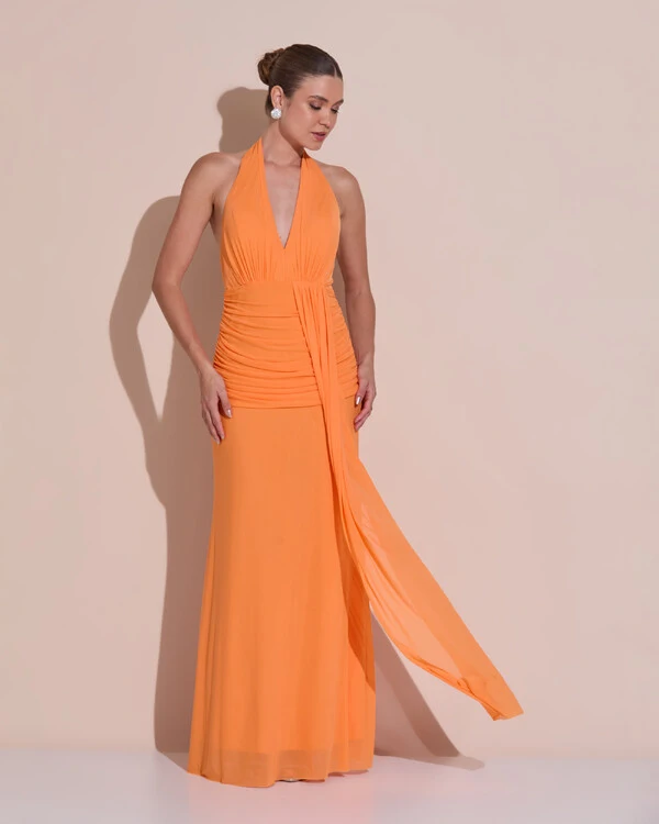 Vestido de Festa Longo Frente Única Decote V Tule Drapeado Faixa Laranja New