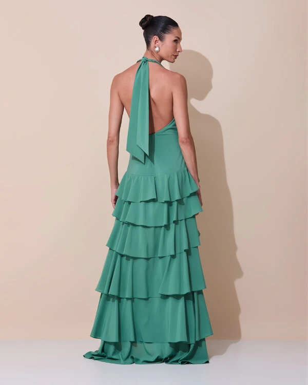 Vestido de Festa Longo Frente Única Degagê Crepe Chiffon Babados Mullet Verde Matcha Escuro